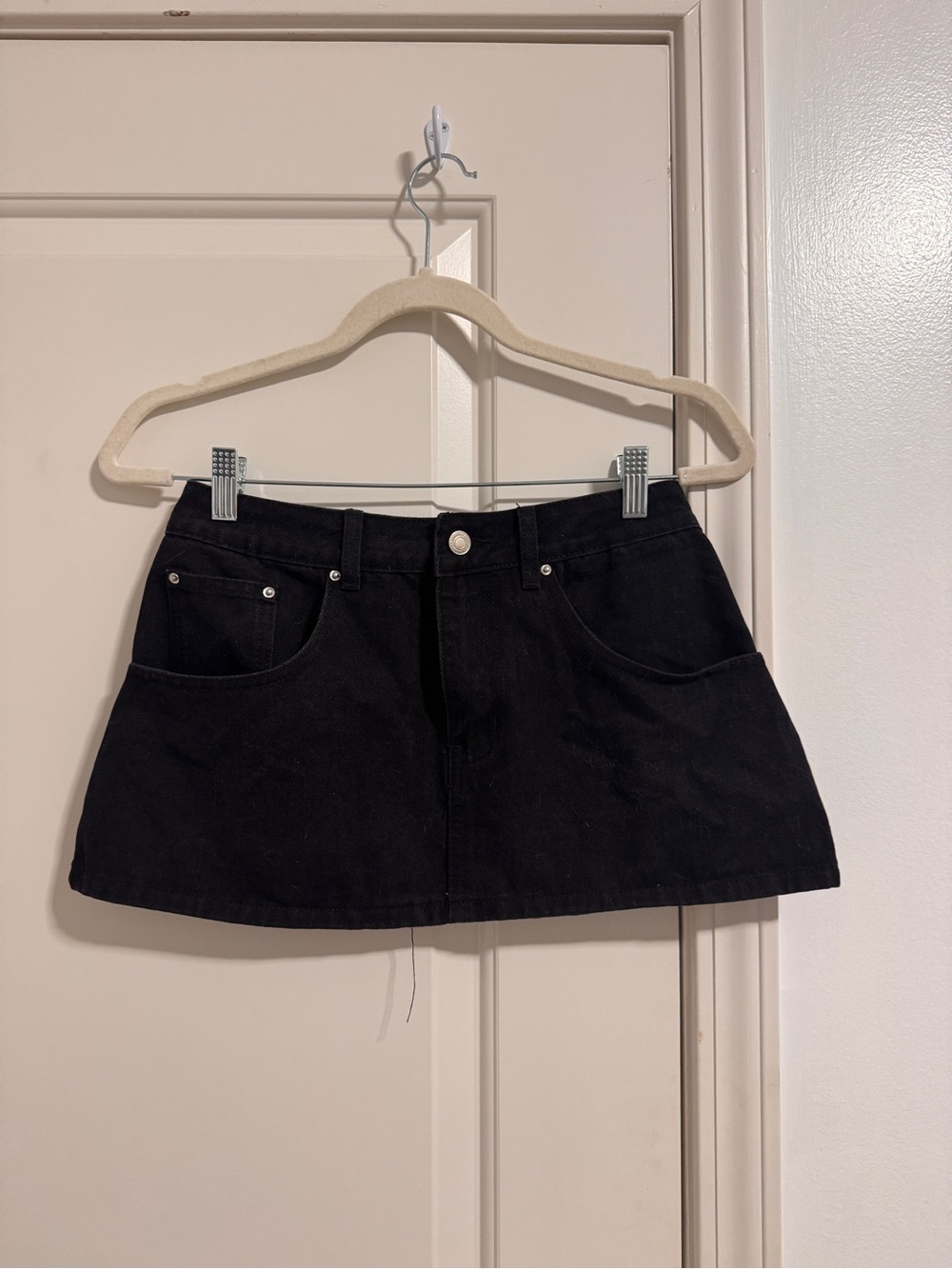 Women's Black Denim Mini Skirt with Front Pockets